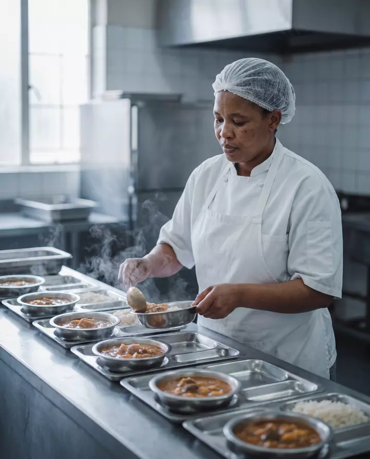 A hospital cook plating patient meals
