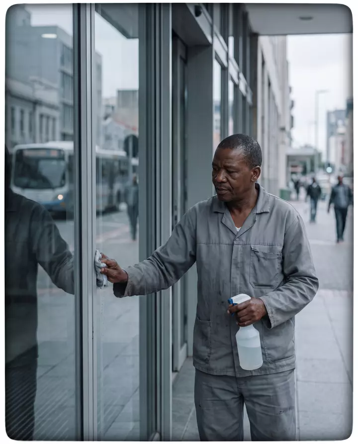 A cleaner wiping the glass doors of a government office