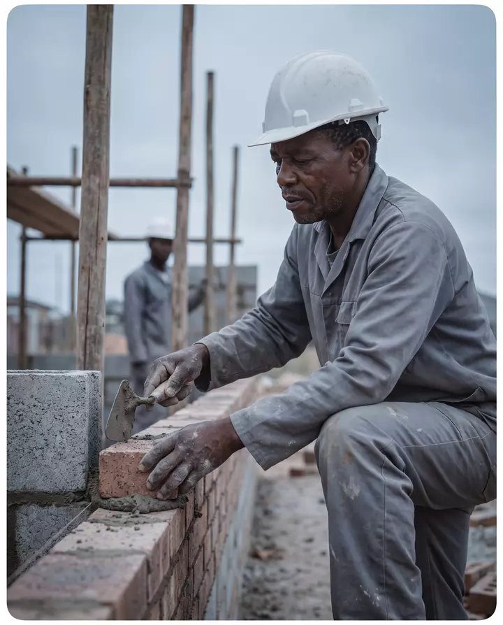 A bricklayer building the wall of a community clinic