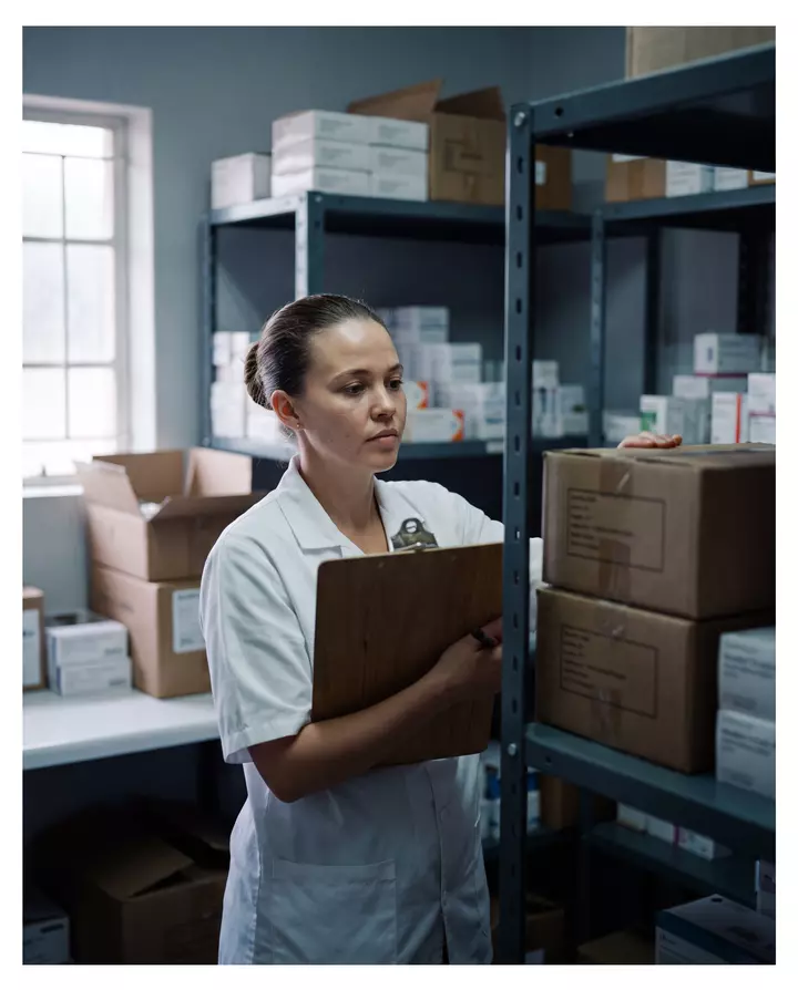 A pharmacist assistant checking clinic supplies