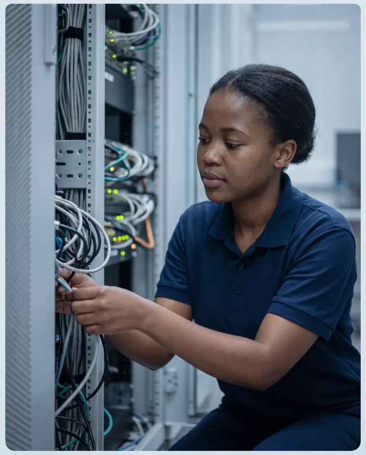 An IT technician patching cables in a server room